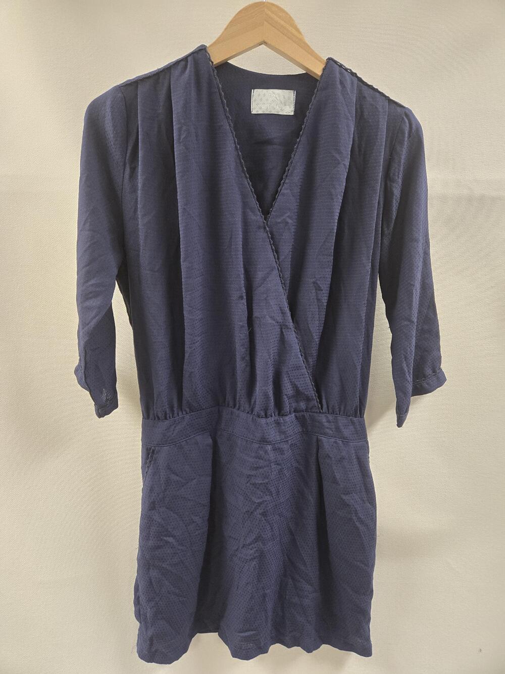 Mamouchka Dress Womens Medium Navy Blue Wrap V-Neck 3/4 Sleeve Elastic Waist
